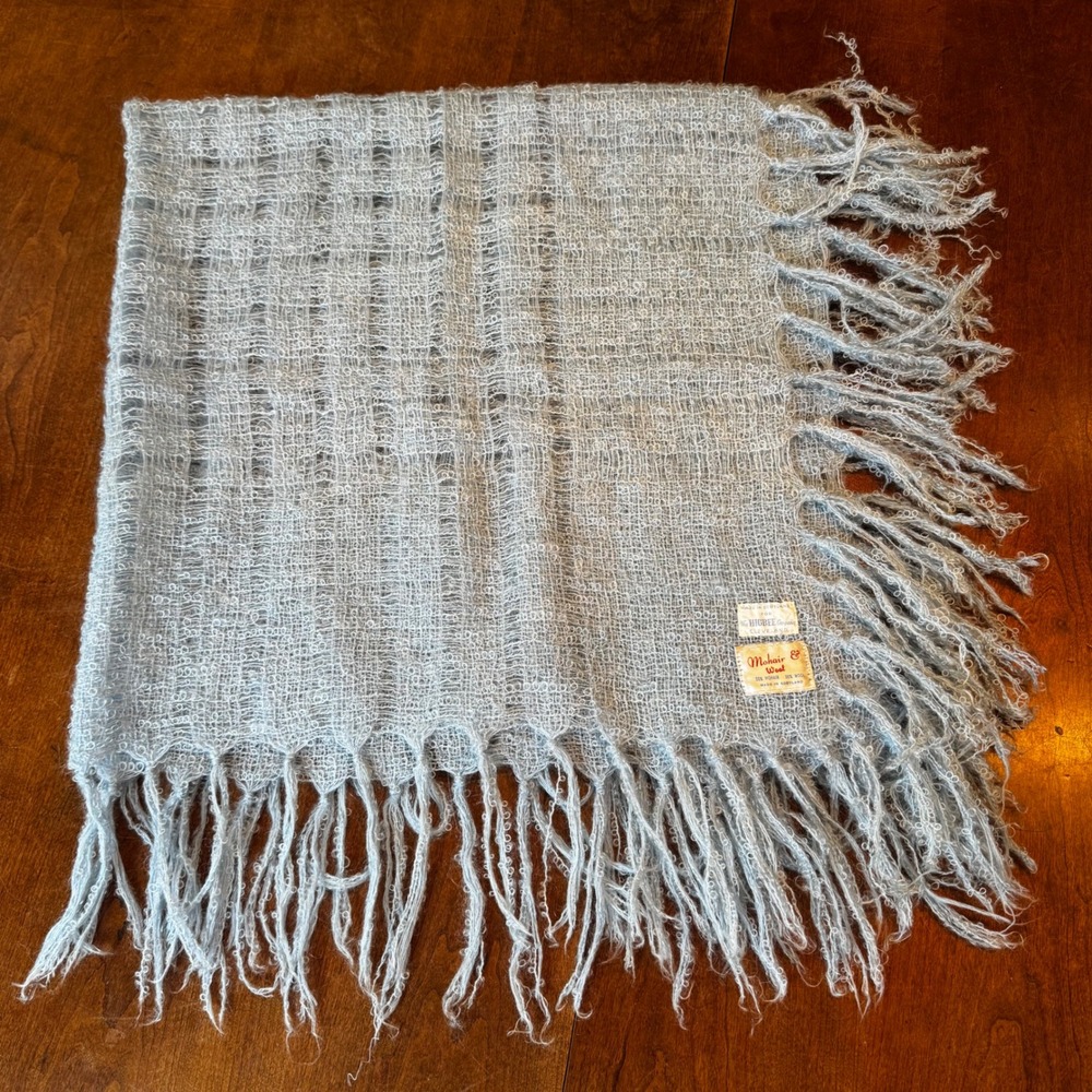 Higbee Co Scarf 36x36 Blue Mohair Wool Blend Vintage Scotland Fringe Boucle